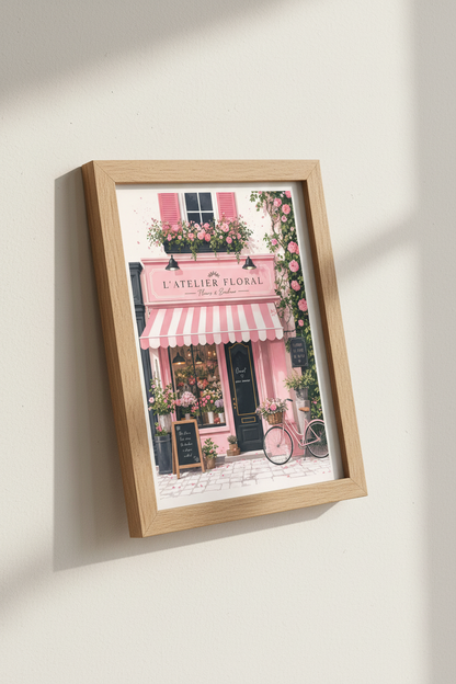 French Flower Shop Wall Art | Paris Floral Storefront Decor | Pink Pastel Poster