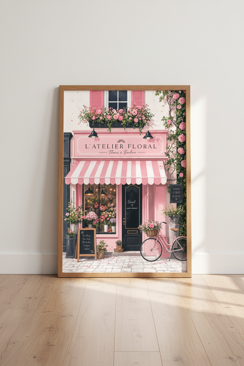 French Flower Shop Wall Art | Paris Floral Storefront Decor | Pink Pastel Poster
