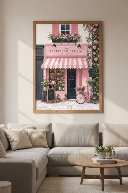 French Flower Shop Wall Art | Paris Floral Storefront Decor | Pink Pastel Poster