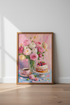 Pink Ranunculus & Cake Oil Painting Print | Kitchen Wall Art | Impasto Floral Poster