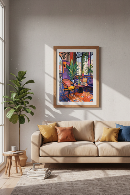 Boho Mediterranean Terrace Wall Art Print | Living Room Decor | Maximalist Poster