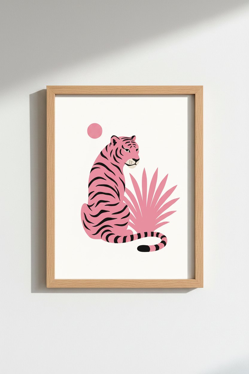Pink Tiger Wall Art | Minimalist Animal Poster, Maximalist Living Room Decor