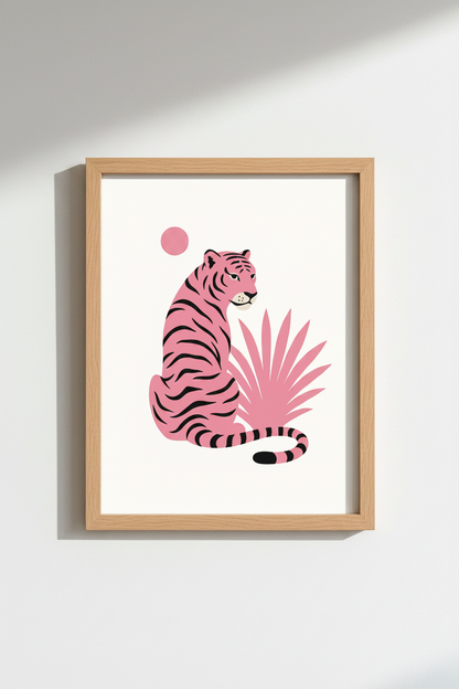 Pink Tiger Wall Art | Minimalist Animal Poster, Maximalist Living Room Decor