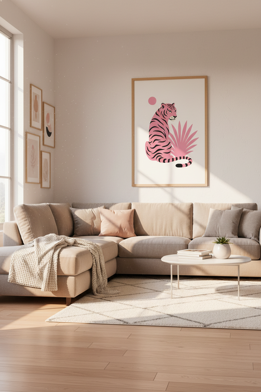 Pink Tiger Wall Art | Minimalist Animal Poster, Maximalist Living Room Decor