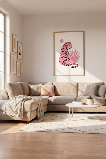Pink Tiger Wall Art | Minimalist Animal Poster, Maximalist Living Room Decor