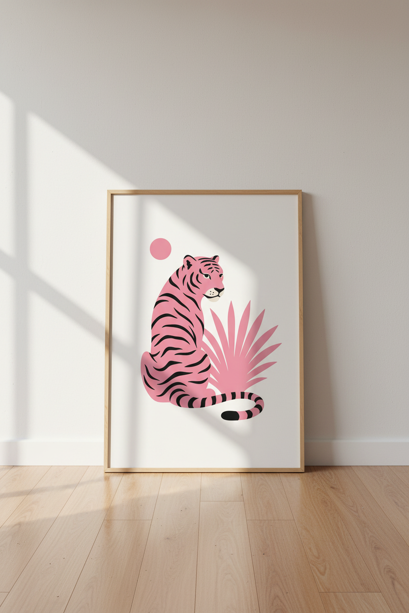 Pink Tiger Wall Art | Minimalist Animal Poster, Maximalist Living Room Decor