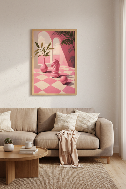 Pink Surrealist Wall Art Print | Pastel Chess Decor | Aesthetic Mediterranean Poster