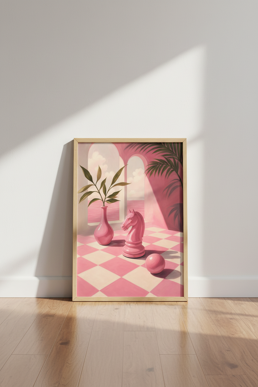 Pink Surrealist Wall Art Print | Pastel Chess Decor | Aesthetic Mediterranean Poster