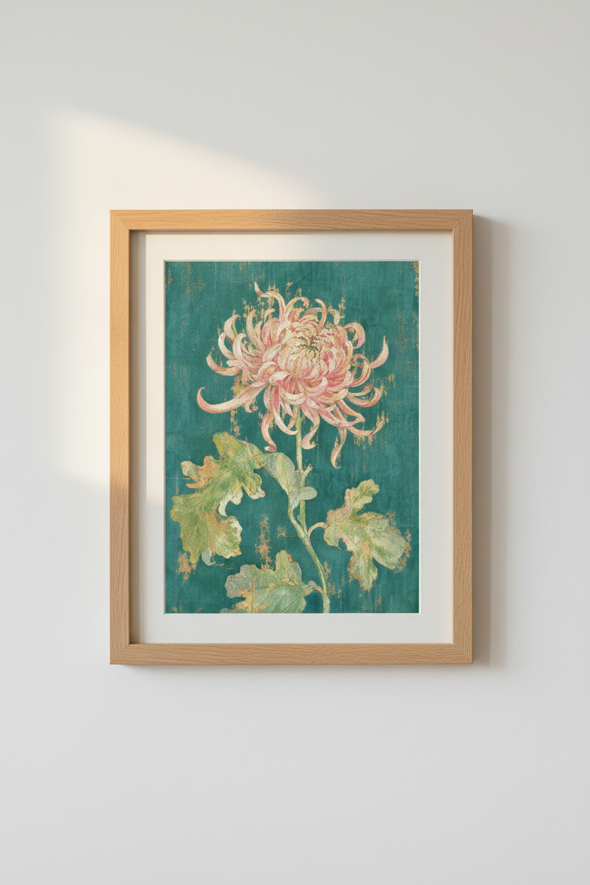 Botanical Wall Art | Vintage Chrysanthemum Teal Backdrop, Living Room Decor