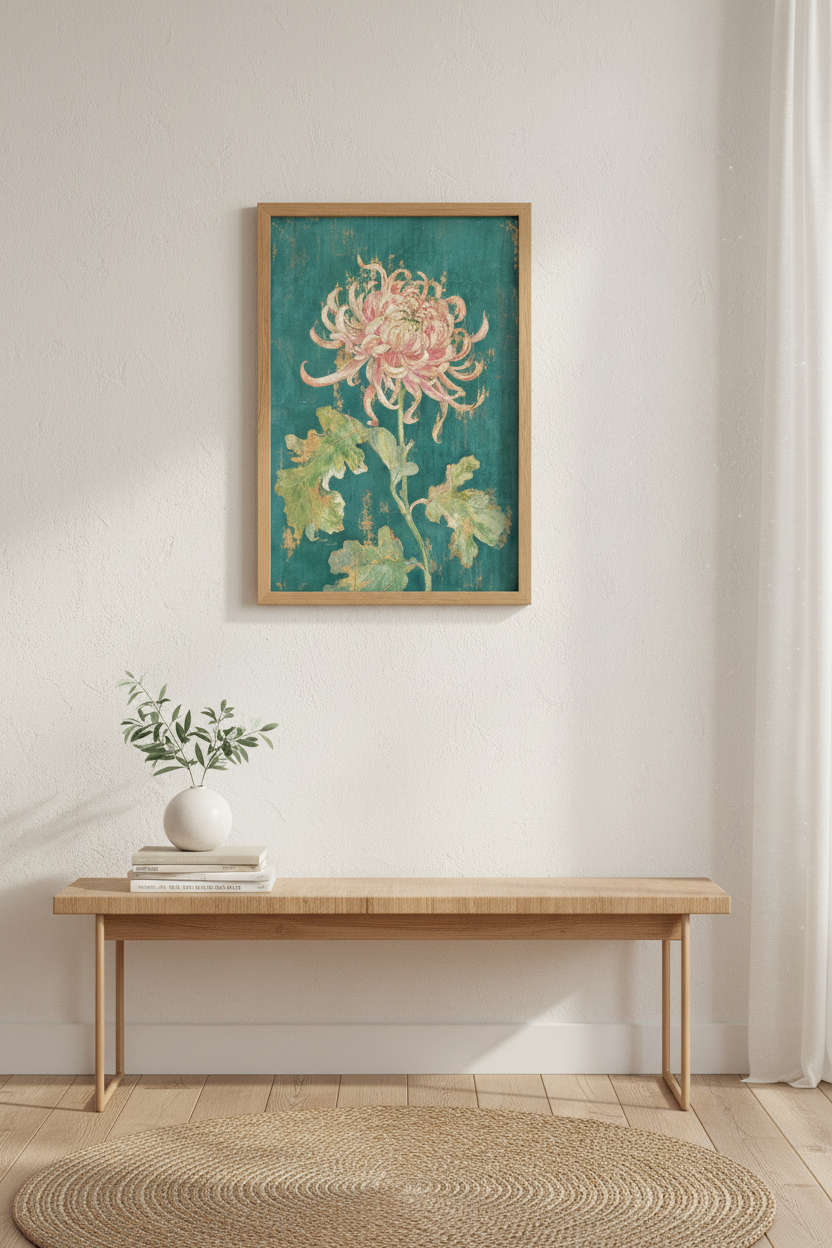 Botanical Wall Art | Vintage Chrysanthemum Teal Backdrop, Living Room Decor