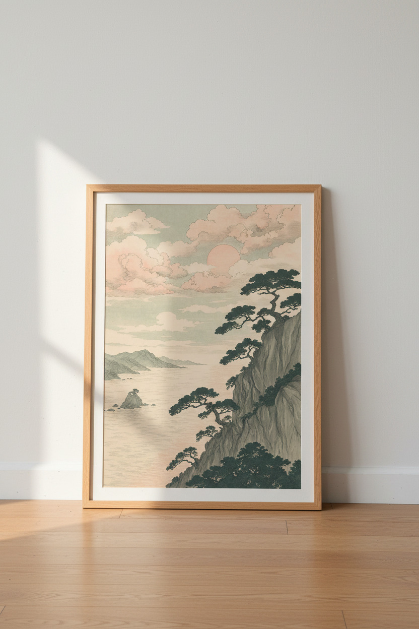 Japanese Coast Landscape Art | Pink Sunset Pine Tree Print, Zen Bedroom Decor