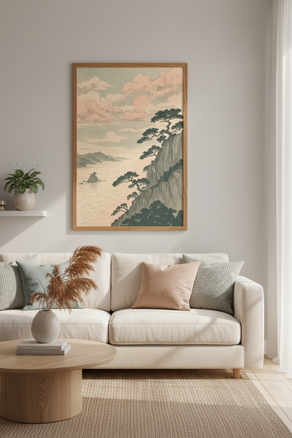 Japanese Coast Landscape Art | Pink Sunset Pine Tree Print, Zen Bedroom Decor