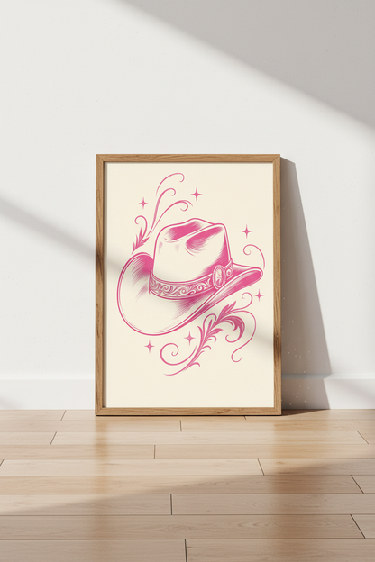 Pink Cowboy Hat Wall Art Print | Girly Western Dorm Decor | Preppy Poster