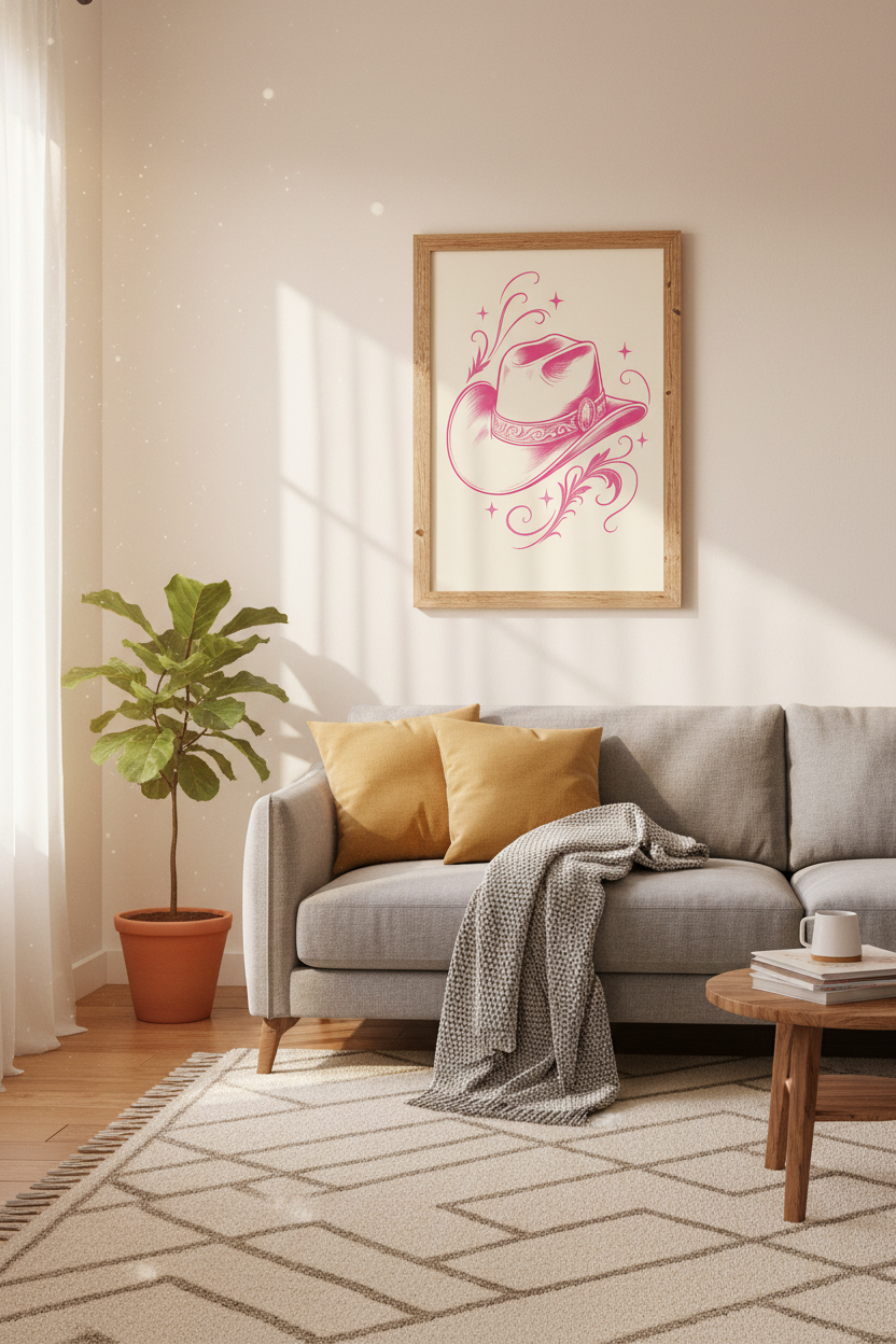 Pink Cowboy Hat Wall Art Print | Girly Western Dorm Decor | Preppy Poster