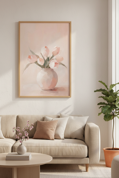Blush Pink Floral Print | Pastel Tulip Oil Painting, Shabby Chic Bedroom Decor