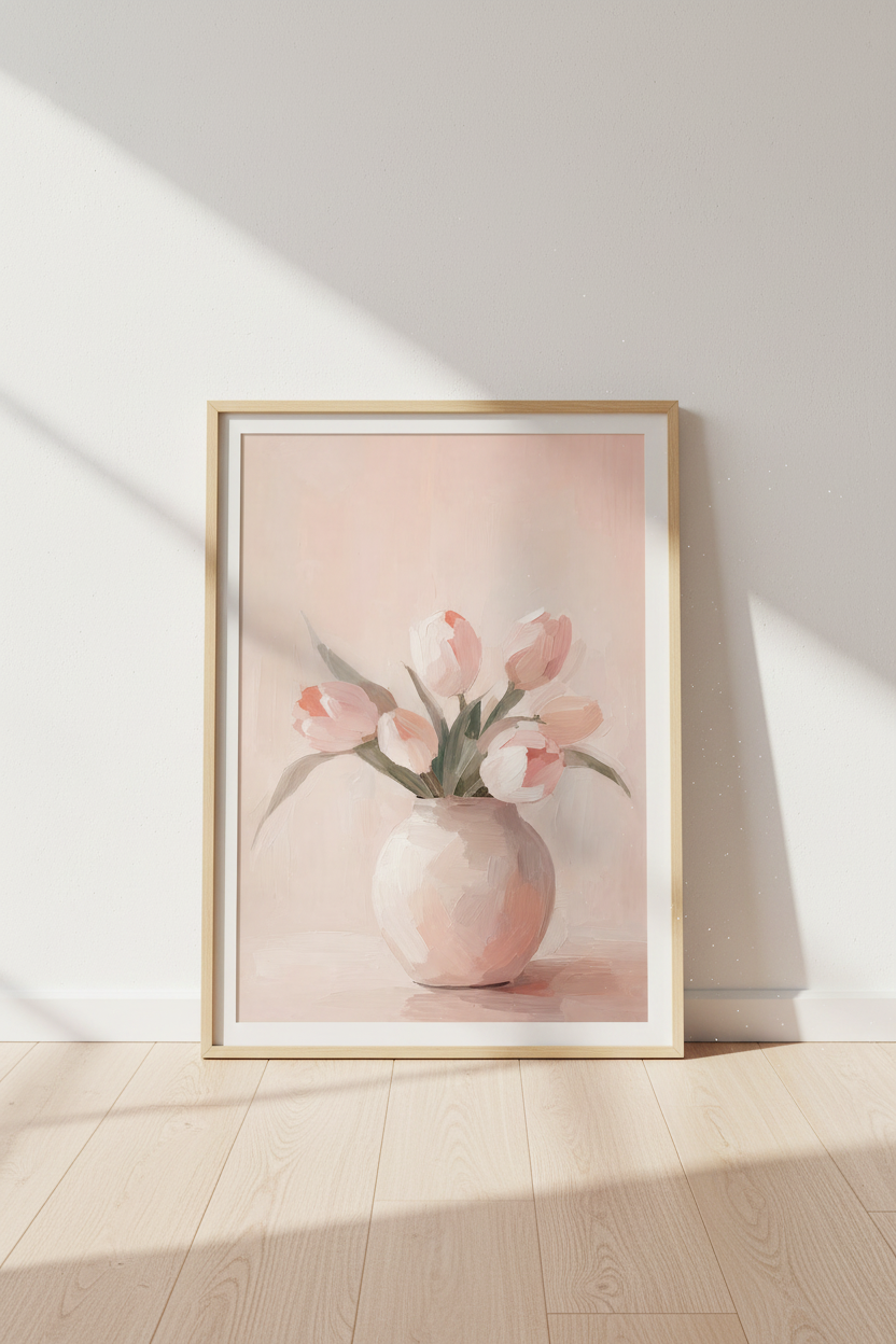 Blush Pink Floral Print | Pastel Tulip Oil Painting, Shabby Chic Bedroom Decor
