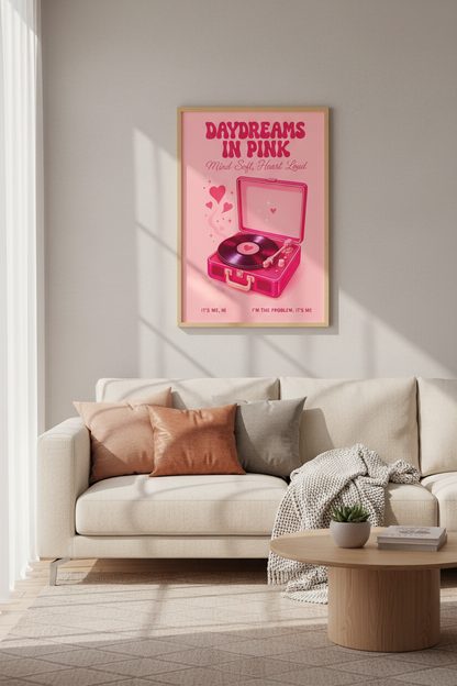 Retro Pink Record Player Wall Art | Music Room Decor | Aesthetic Preppy Poster