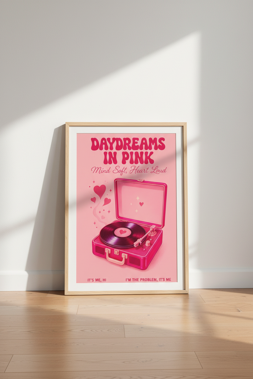 Retro Pink Record Player Wall Art | Music Room Decor | Aesthetic Preppy Poster