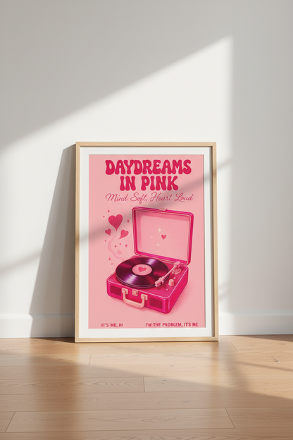 Retro Pink Record Player Wall Art | Music Room Decor | Aesthetic Preppy Poster