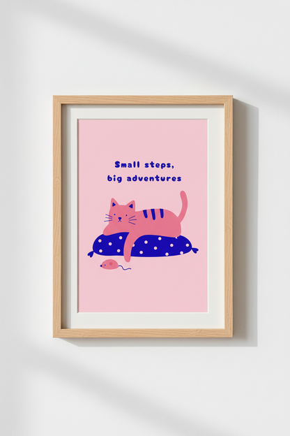 Pink Cat Nursery Wall Art | Cute Kids Room Decor | Modern Animal Poster