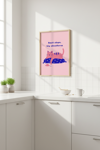 Pink Cat Nursery Wall Art | Cute Kids Room Decor | Modern Animal Poster