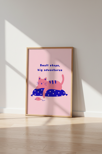 Pink Cat Nursery Wall Art | Cute Kids Room Decor | Modern Animal Poster