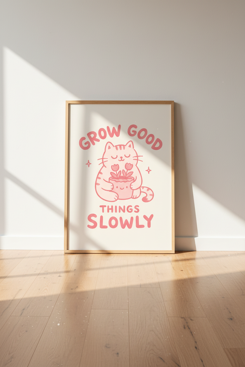 Cute Cat Wall Art | Soft Pink Palette, Cozy Living Room Decor