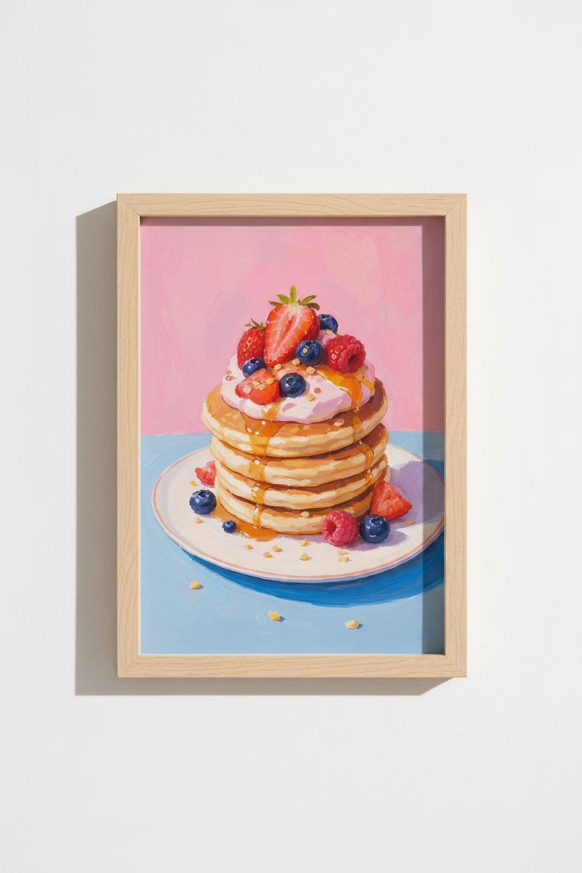 Dessert Food Art Print | Pancake Kitchen Decor | Pastel Pink Aesthetic Poster