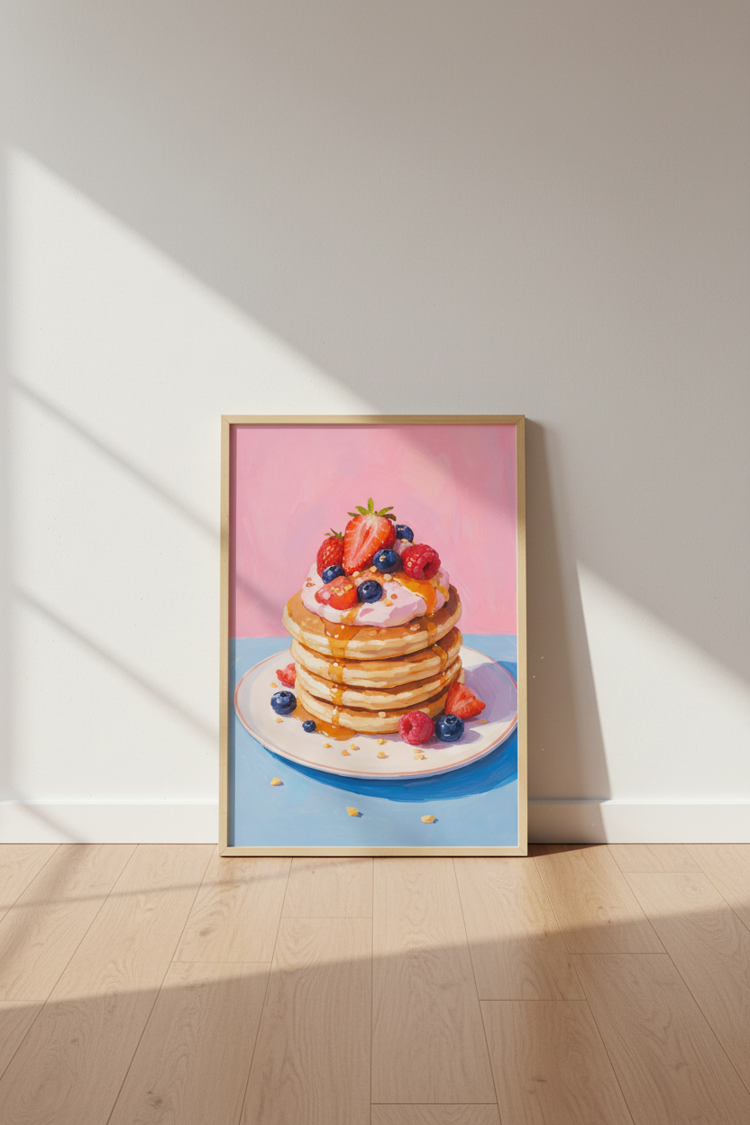 Dessert Food Art Print | Pancake Kitchen Decor | Pastel Pink Aesthetic Poster