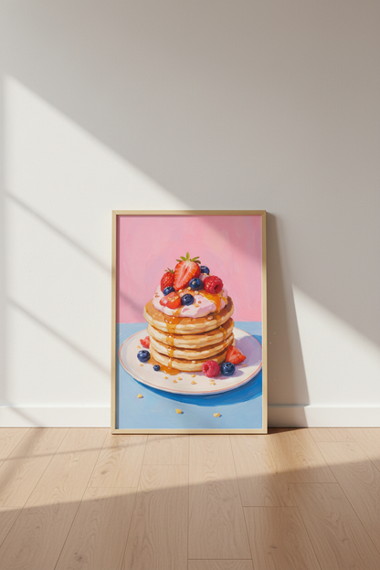 Dessert Food Art Print | Pancake Kitchen Decor | Pastel Pink Aesthetic Poster