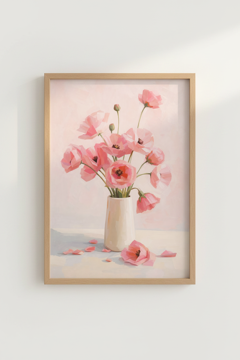 Pastel Floral Wall Art Print | Pink Poppy Oil Painting, Soft Blush Nursery Decor