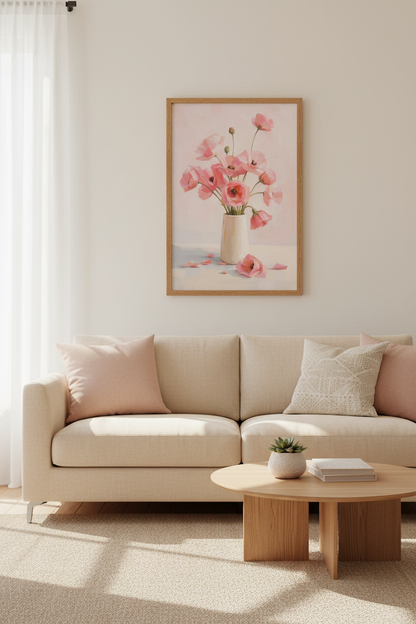 Pastel Floral Wall Art Print | Pink Poppy Oil Painting, Soft Blush Nursery Decor