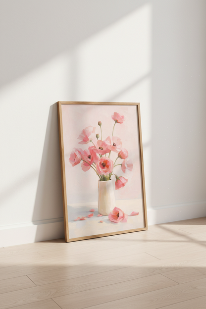 Pastel Floral Wall Art Print | Pink Poppy Oil Painting, Soft Blush Nursery Decor