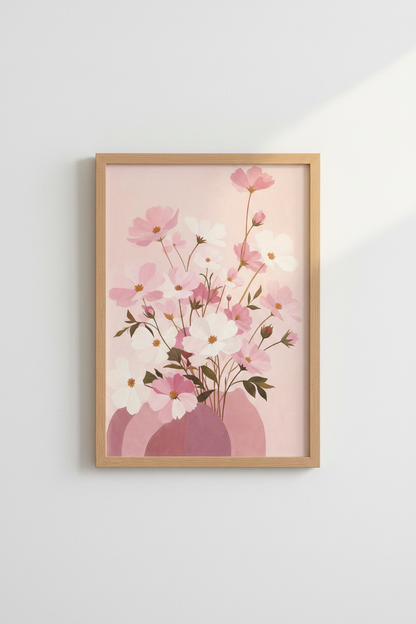 Pink Floral Wall Art Print | Botanical Cosmos Poster | Soft Pastel Living Room Decor