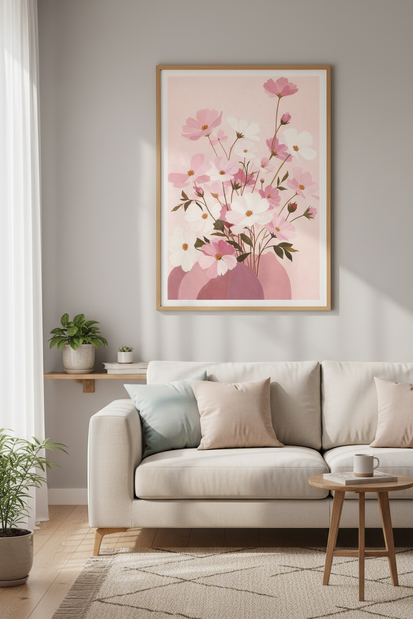 Pink Floral Wall Art Print | Botanical Cosmos Poster | Soft Pastel Living Room Decor