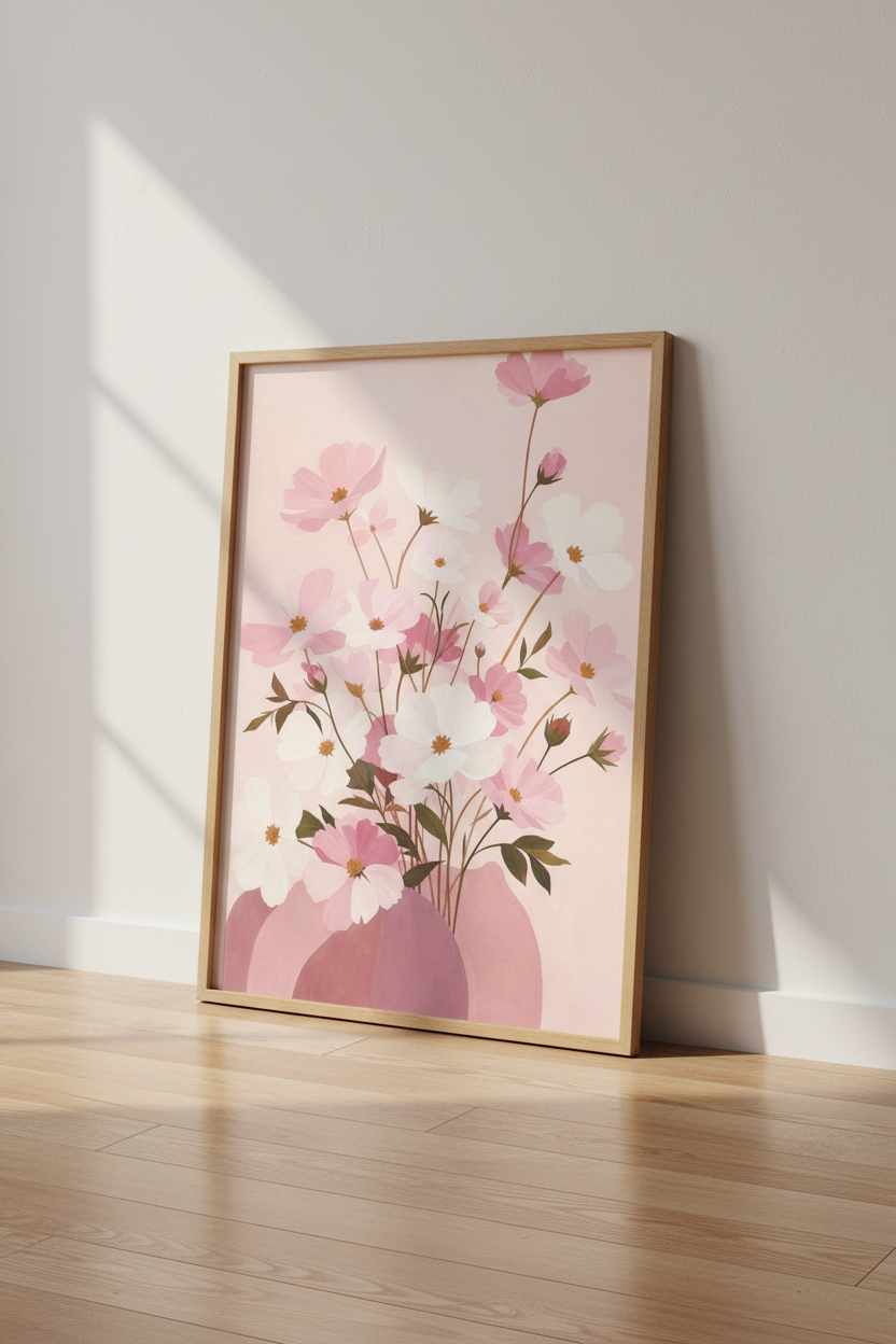 Pink Floral Wall Art Print | Botanical Cosmos Poster | Soft Pastel Living Room Decor