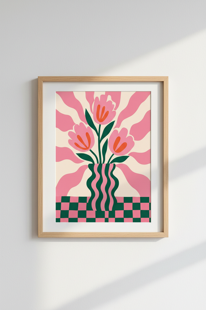 Danish Pastel Wall Art Print | Pink Floral Tulip Poster, Aesthetic Checkered Decor