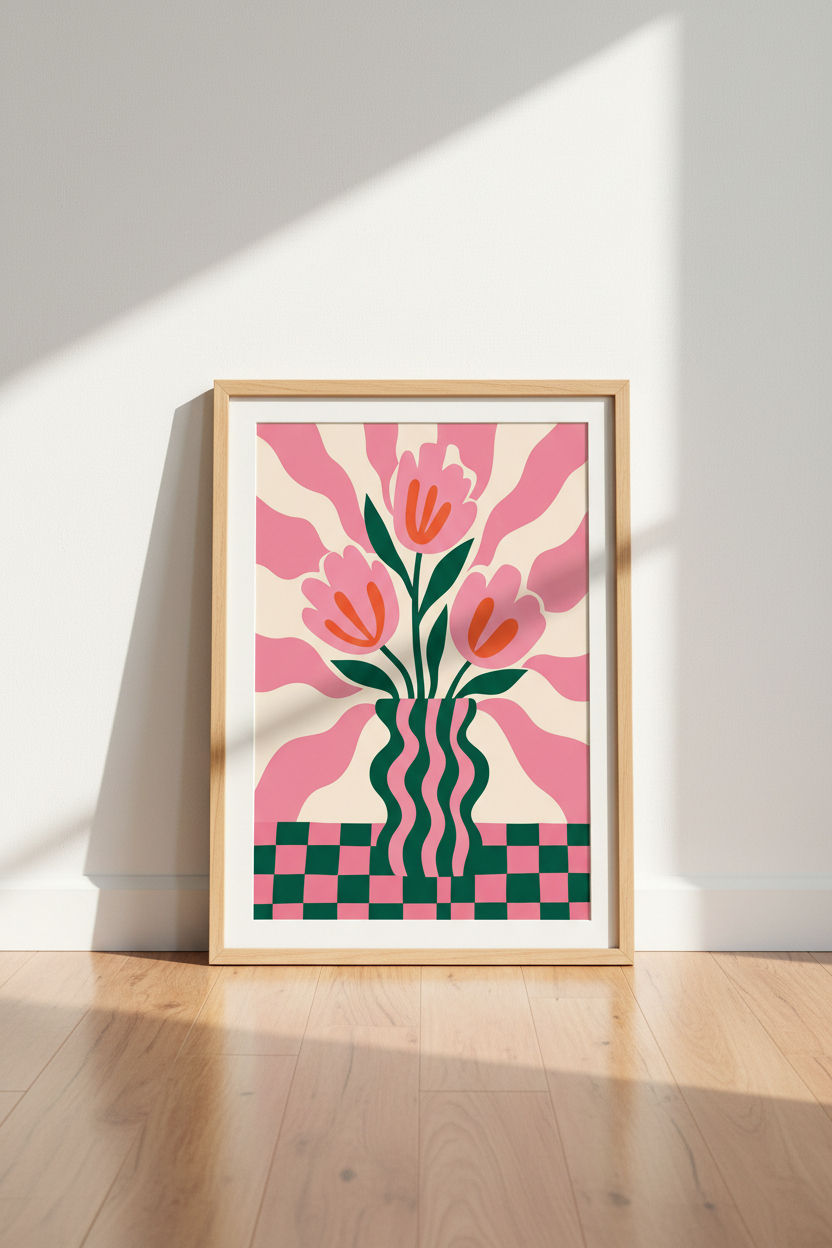 Danish Pastel Wall Art Print | Pink Floral Tulip Poster, Aesthetic Checkered Decor