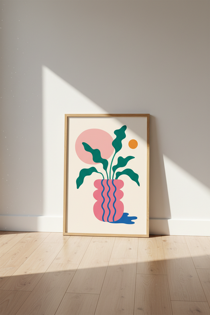 Abstract Botanical Vase Wall Art | Pink Teal Danish Pastel Print, Modern Boho Poster