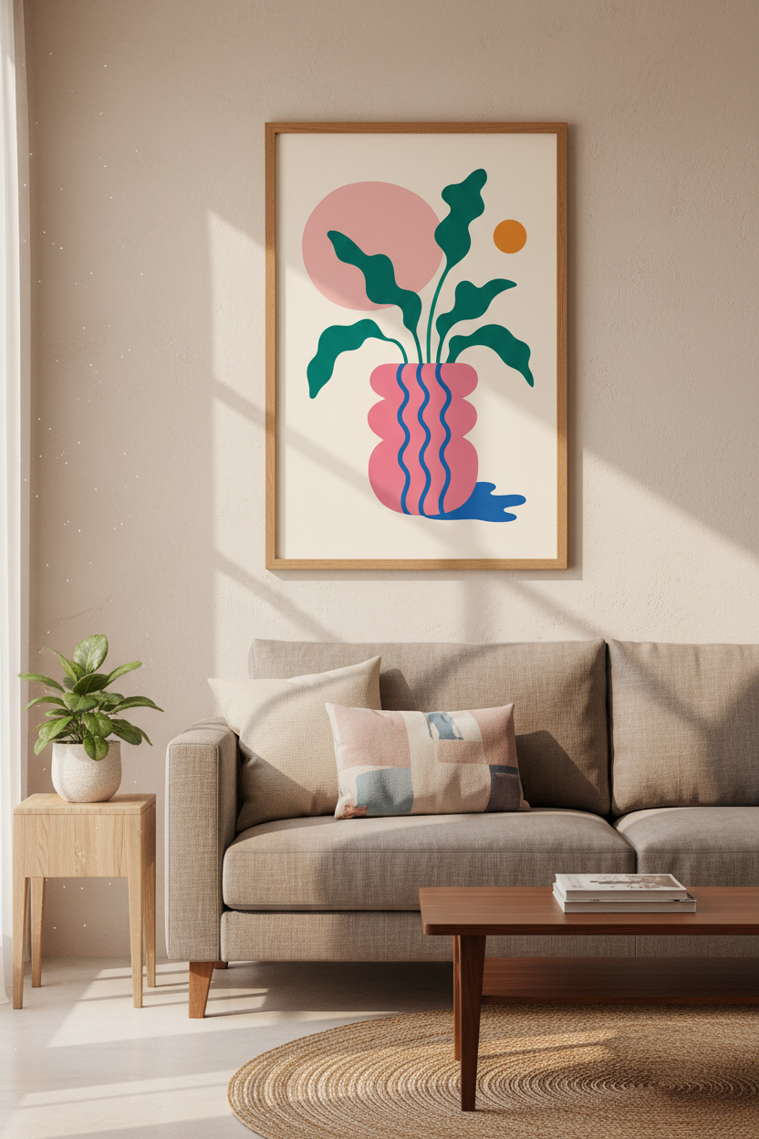 Abstract Botanical Vase Wall Art | Pink Teal Danish Pastel Print, Modern Boho Poster