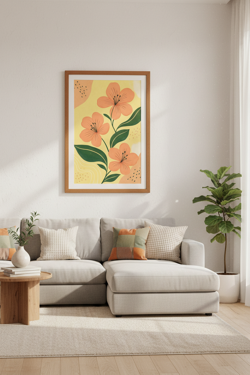 Abstract Peach Floral Wall Art | Yellow Botanical Poster, Living Room Decor