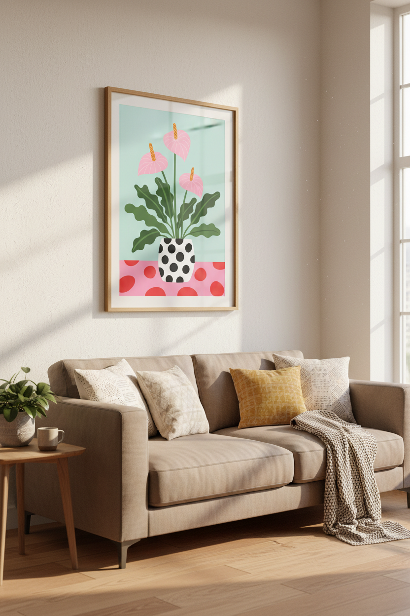 Modern Floral Wall Art Print | Pink Anthurium Poster, Colorful Kitchen Decor