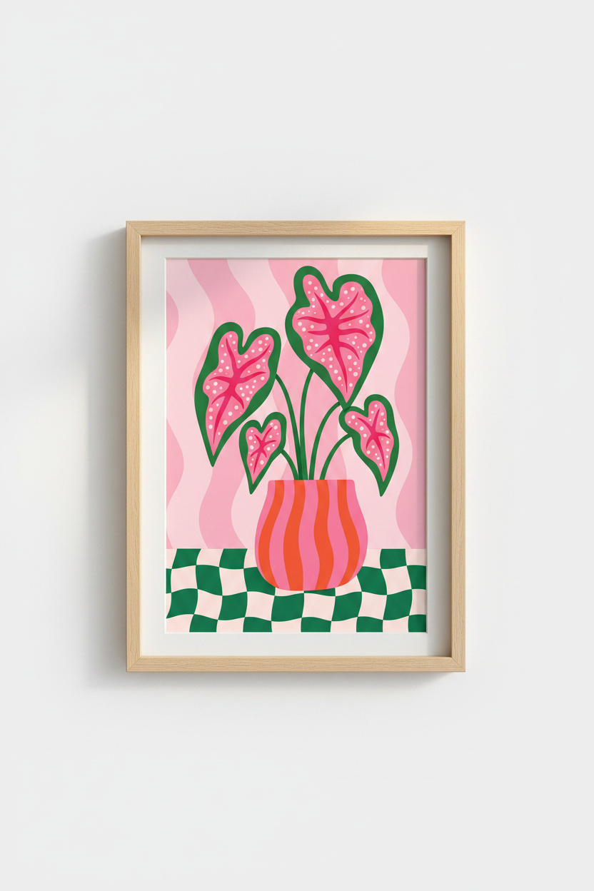 Pink Botanical Art Print | Maximalist Flower Decor | Retro Checkered Poster