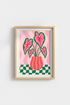 Pink Botanical Art Print | Maximalist Flower Decor | Retro Checkered Poster