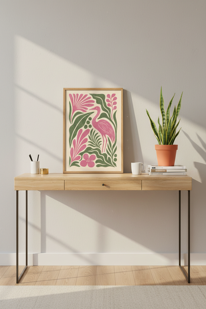 flamingo wall art | Linocut style, pink-green palette | living room decor