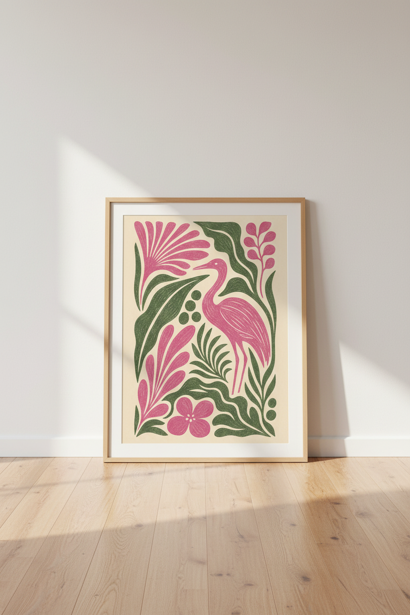 flamingo wall art | Linocut style, pink-green palette | living room decor