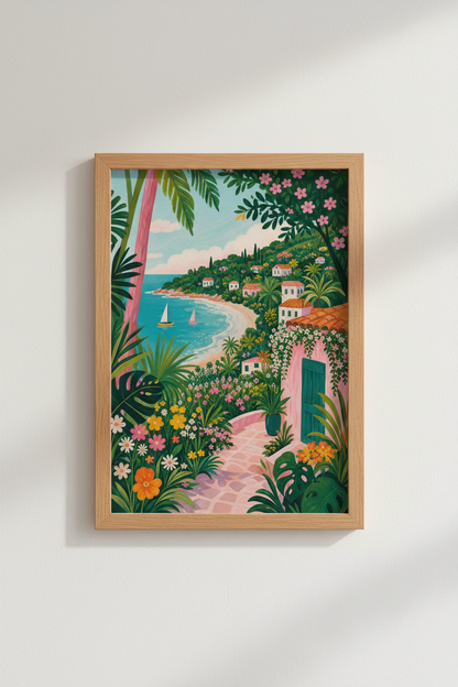 Coastal Village Art Print | Mediterranean Beach Scene | Tropical Summer Decor Poster