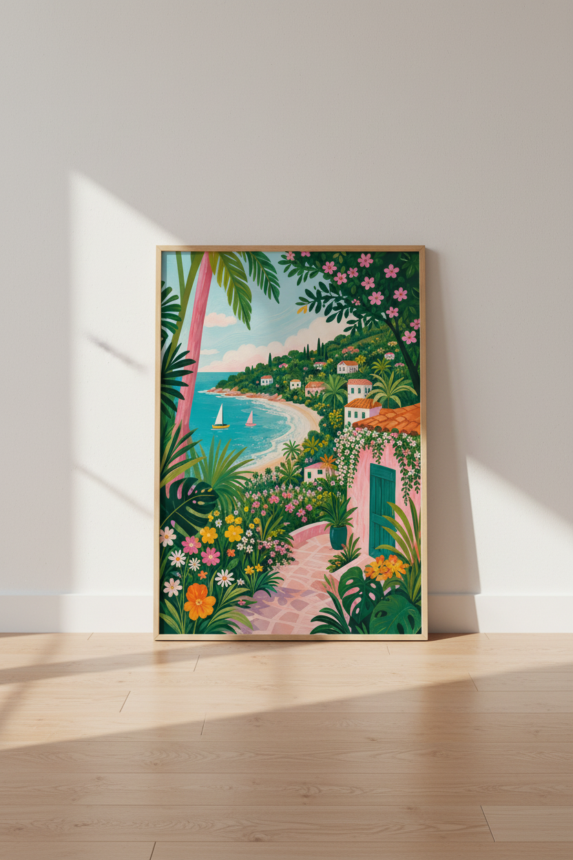 Coastal Village Art Print | Mediterranean Beach Scene | Tropical Summer Decor Poster