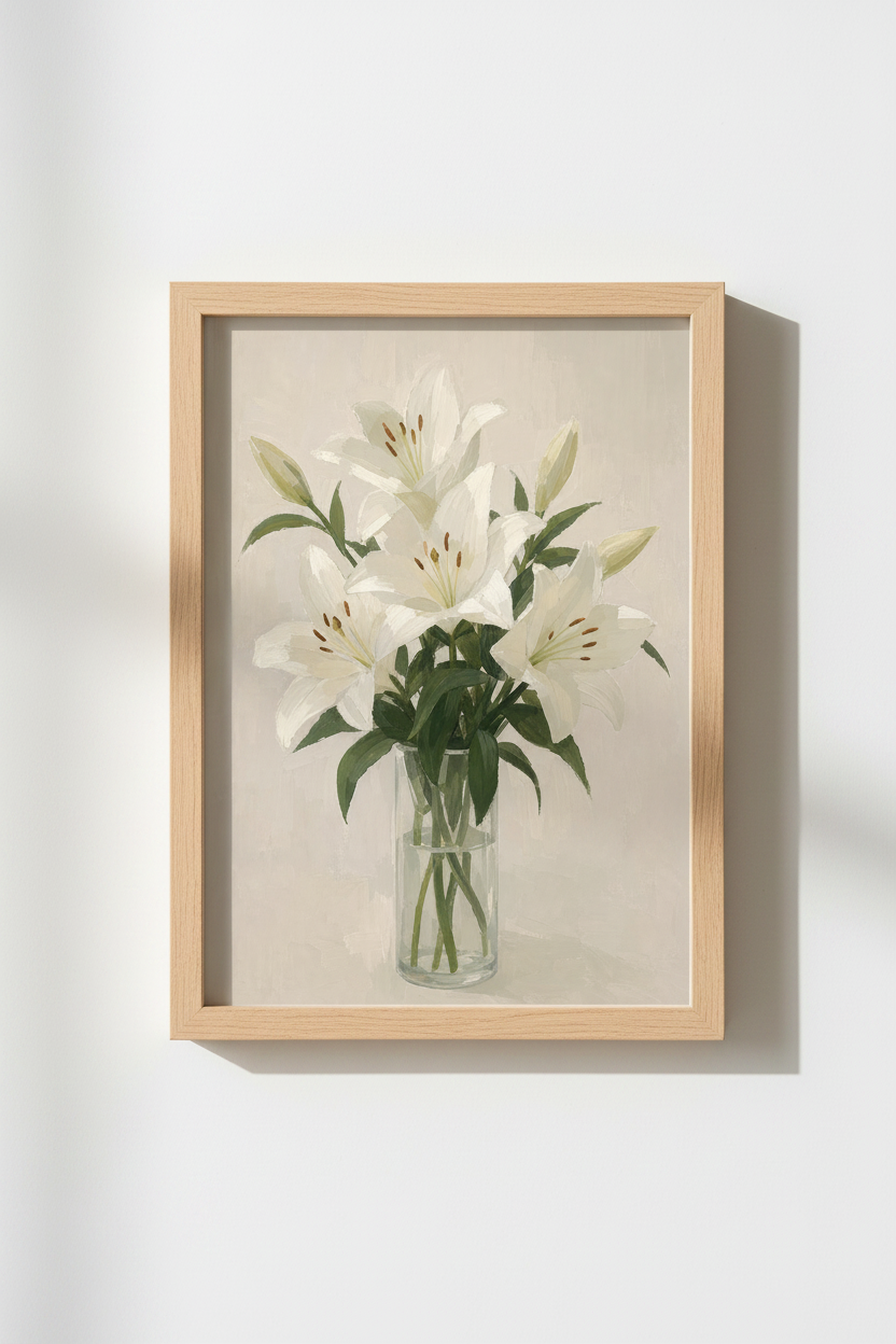 Lily Floral Oil Painting | White Floral Wall Art, Farmhouse Botanical Poster