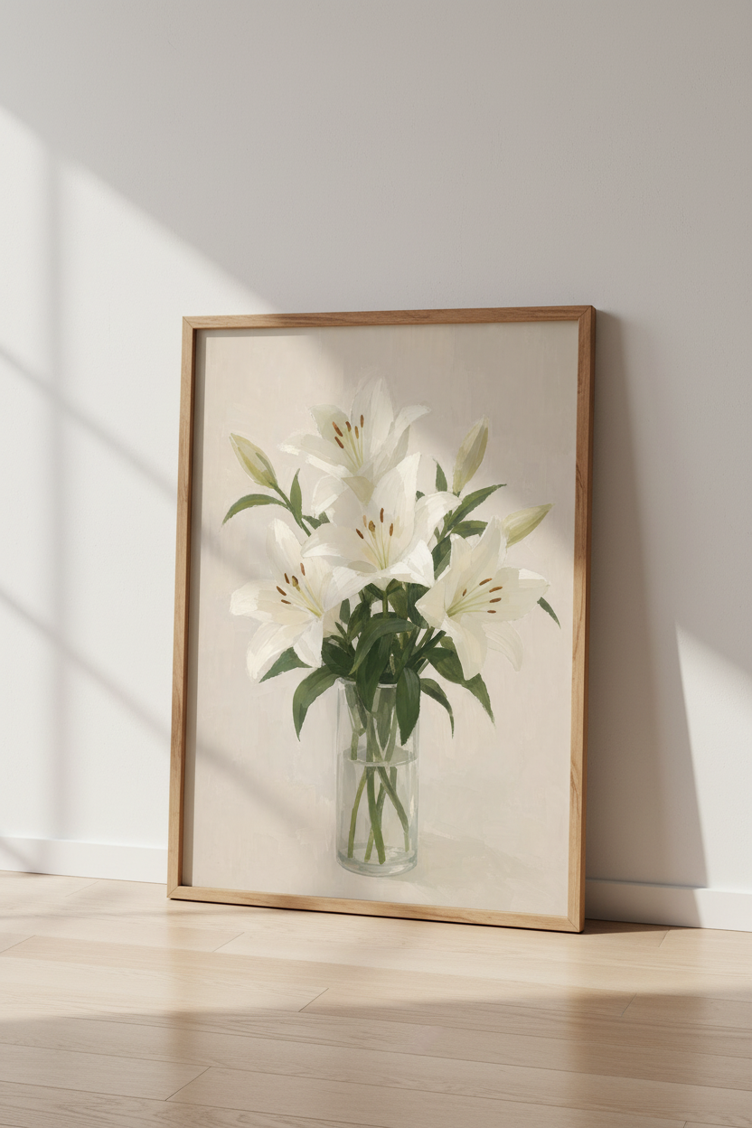 Lily Floral Oil Painting | White Floral Wall Art, Farmhouse Botanical Poster